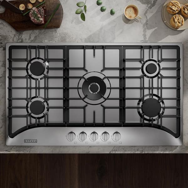 36 in. Built-in Gas Cooktop with 5 Sealed Burners LPG Convertible, 51000-BTUs Power Boil Burner, Stainless Steel Surface