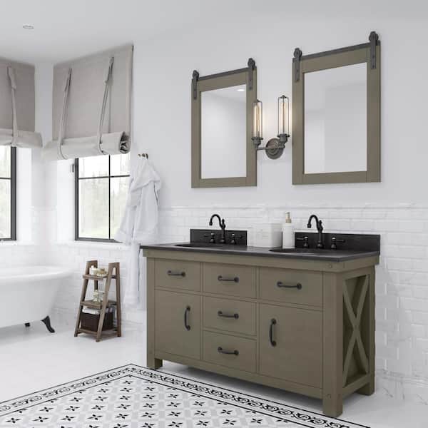 Water Creation Aberdeen 60 in. W x 22 in. D Vanity in Grizzle Gray with Marble Vanity Top in White with White Basin, Faucets and Mirror