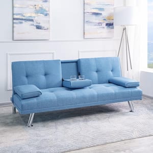 Robin Egg Blue, Futon Sofa Bed Linen Futon Couch with Armrest and 2-Cupholders, Sofa Bed Couch Convertible w/ Metal Legs