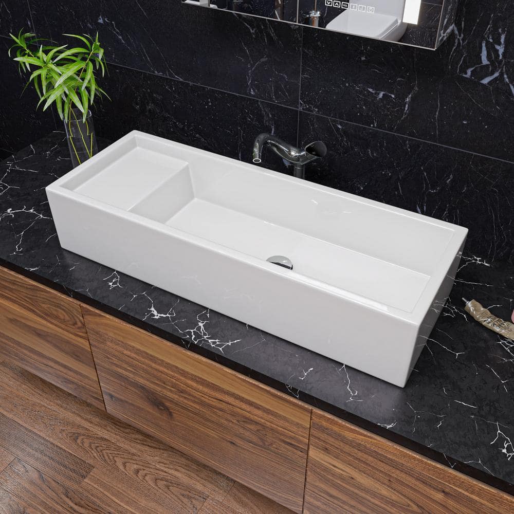 White Ceramic 39.4'' Rectangular Bathroom Trough Sink