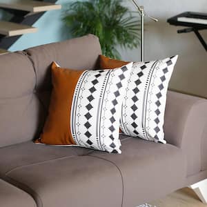Bohemian Handmade Vegan Faux Leather Brown 20 in. x 20 in. Square Abstract Geometric Throw Pillow (Set of 2)