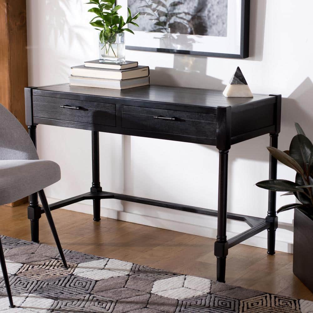 Elegant Carved Black Wood Writing Desk with Dual Storage Drawers