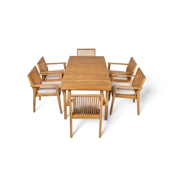 7-Piece Natural Acacia Wood Outdoor Dining Set with Beige Cushions