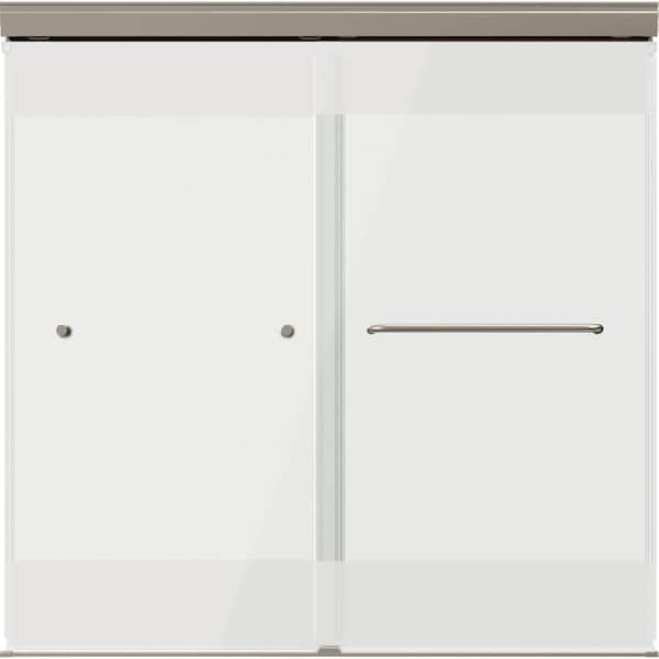 Portwood 60 in. W x 58 in. H Semi-Frameless Sliding Bathtub Door in Nickel with 1/4 in. Frosted Privacy Glass