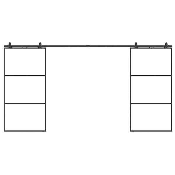 SOCBAZZAR 84 in. x 84 in. Full-lite Clear Glass Black Metal Frame Double Sliding Barn Door with Hardware Kit and Soft-close