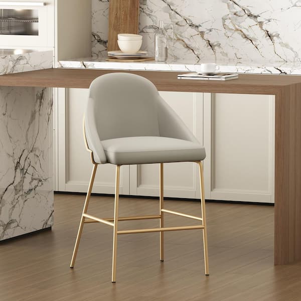 Gracie 26 in. Modern Stone and Gold Metal Frame Counter Height Bar Stool with Faux Leather Upholstered Seat