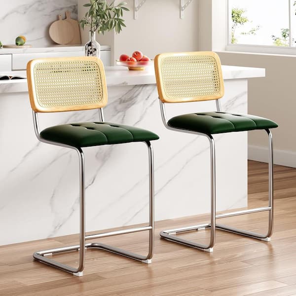 Lirago 26 in. Green Upholstered Faux Leather Counter Height Bar Stools with Rattan Back (Set of 2)
