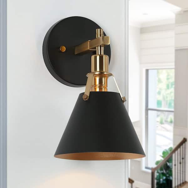 LNC Classic 6 in. 1-Light Black Small Wall Sconce with Open Bell Metal Shade, Vintage Plated Brass Bathroom Vanity Light