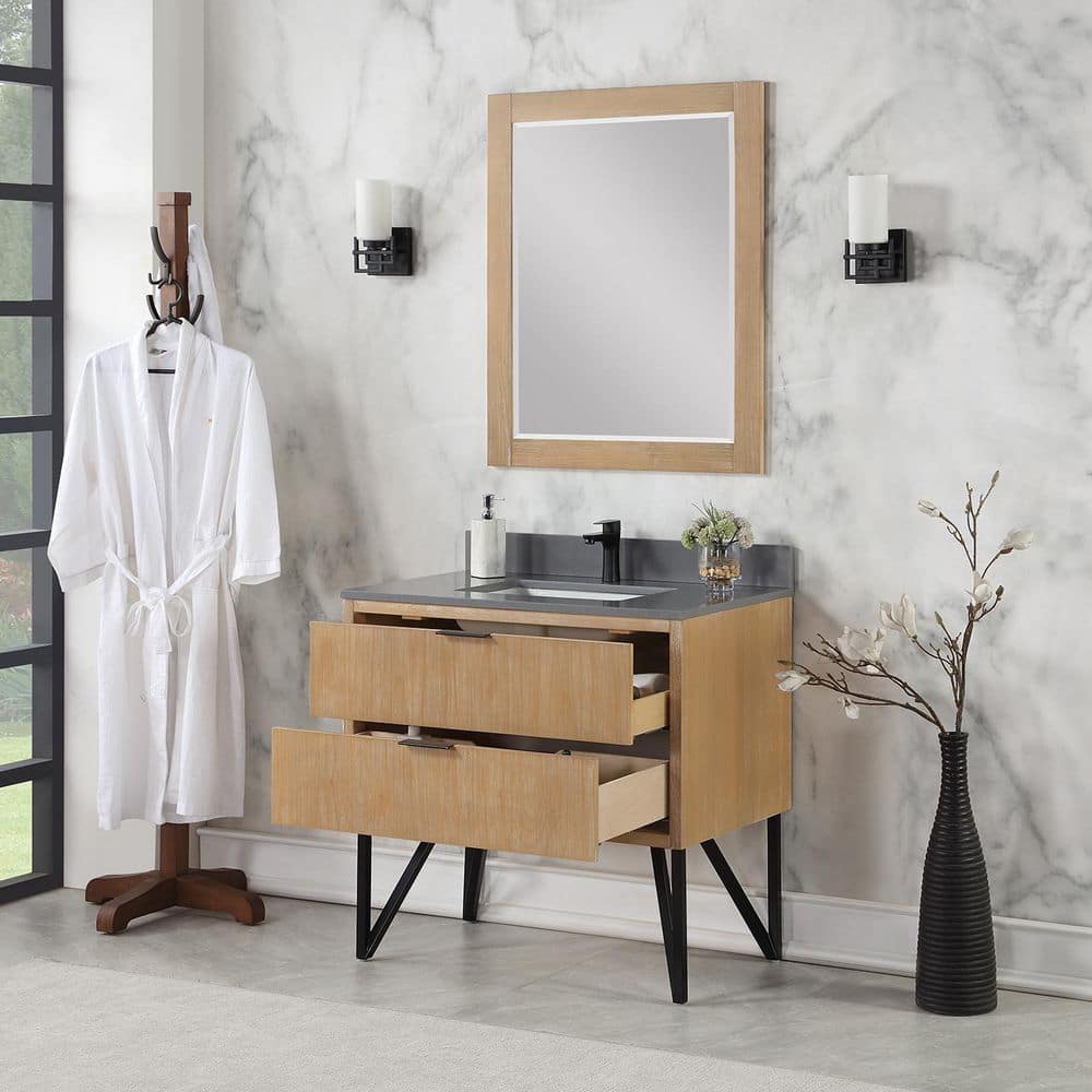Helios Weathered Pine 36" Single Vanity with Concrete Grey Top and Mirror