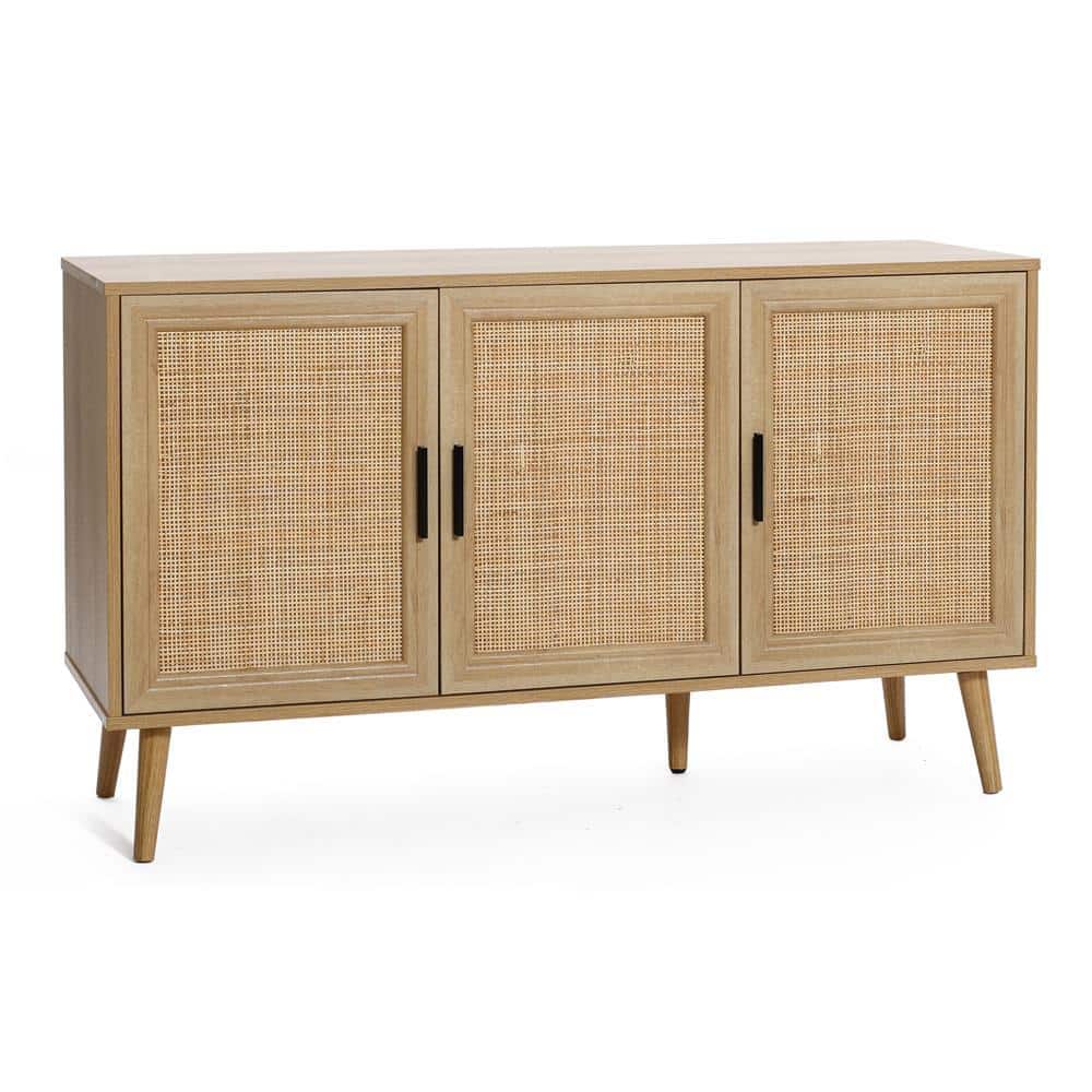 Light Oak 3-Door Rattan and Wood Sideboard Cabinet