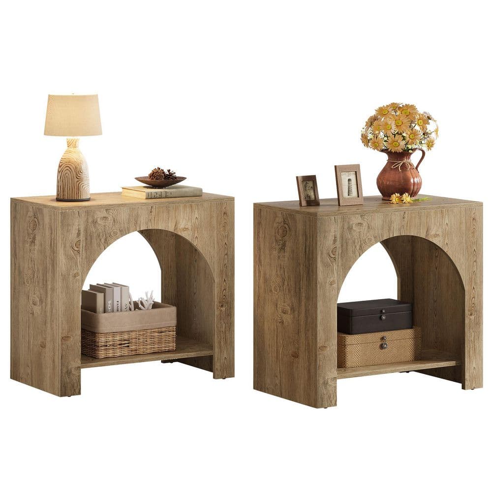 Kerlin 27.6 in. Rustic Rectangular Wood End Table with 2 Storage Shelves, Side Table with Open Storage Shelf, Set of 2
