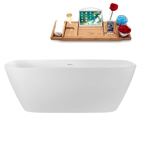 Streamline 68.5 in. x 33 in. Acrylic Freestanding Soaking Bathtub in Glossy White with Matte Oil Rubbed Bronze Drain, Bamboo Tray