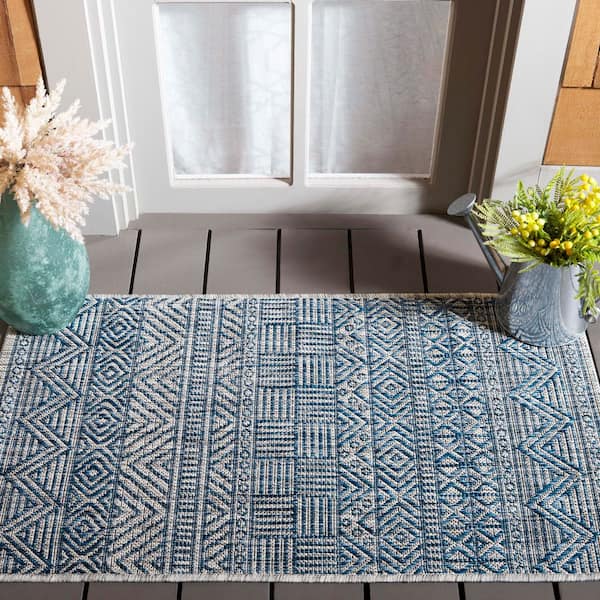 Courtyard Gray/Navy 2 ft. x 4 ft. Striped Tribal Chevron Indoor/Outdoor Area Rug