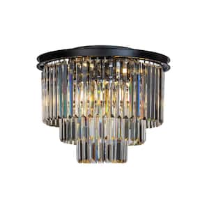 19.7 in. 6-Lights Modern Glam Matte Black Round 3-Tier  Flush Mount Ceiling Light with Crystal