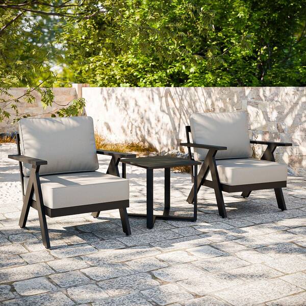 3-Piece Black Aluminum Outdoor Lounge Chair with Beige Cushion, Patio Conversation Set with Coffee Table