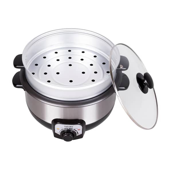 Tayama TMC-130SB 3 qt. Electric Non-Stick Hot Pot Multi-Cooker with Steamer and Glass Lid, Black