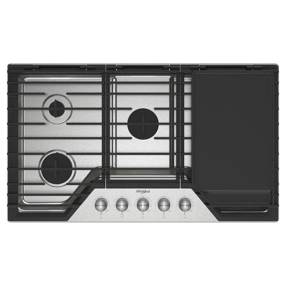 36 in. 5 Burners Recessed Gas Cooktop in Stainless Steel with 2 in. 1-Hinged Grate to Griddle