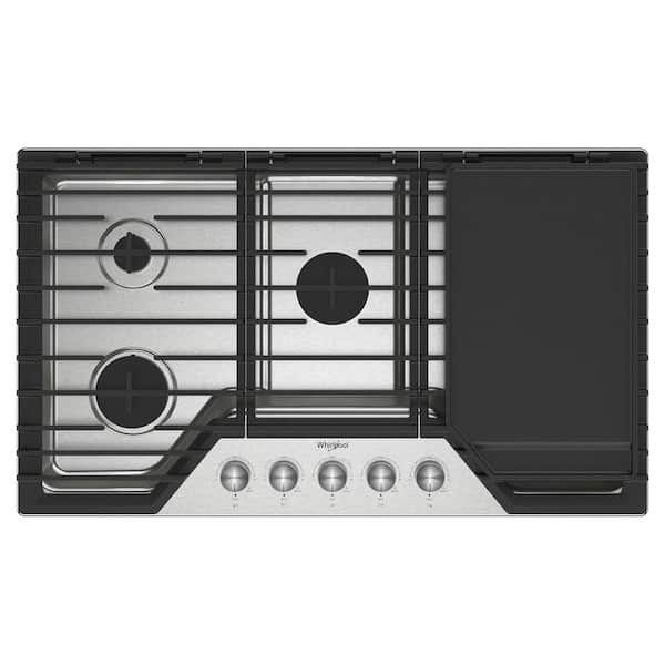 Whirlpool 36 in. 5 Burners Recessed Gas Cooktop in Stainless Steel with 2 in. 1-Hinged Grate to Griddle