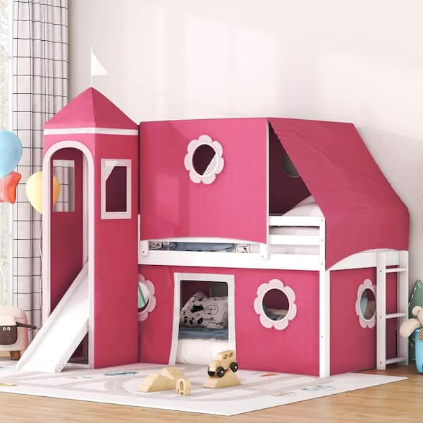 Pink Twin Size Wood Loft Bed with Slide, Tent, Tower and Flower Windows