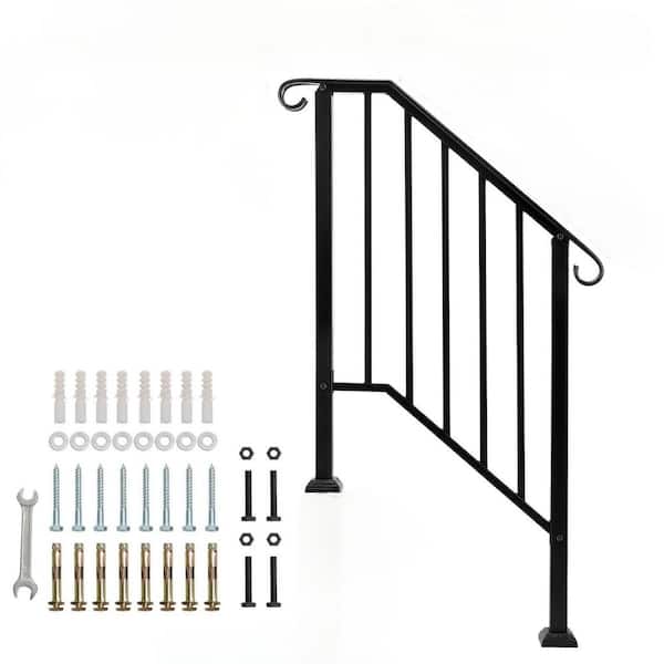 2-3 Step Black Wrought Iron Handrail Kit for Outdoor Steps Concrete Steps and Wooden Stairs (1-Pack)