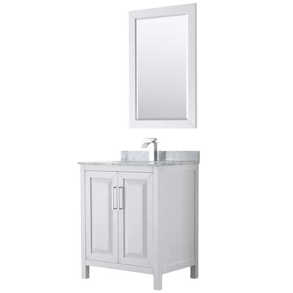 Wyndham Collection Daria 30 in. Single Bathroom Vanity in White with Marble Vanity Top in Carrara White and 24 in. Mirror