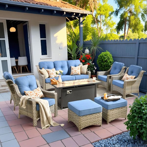 HOOOWOOO Cherry 8-Piece Wicker Outdoor Fire Pit Furniture Patio Conversation Sofa Seating Set with Sky Blue Cushions