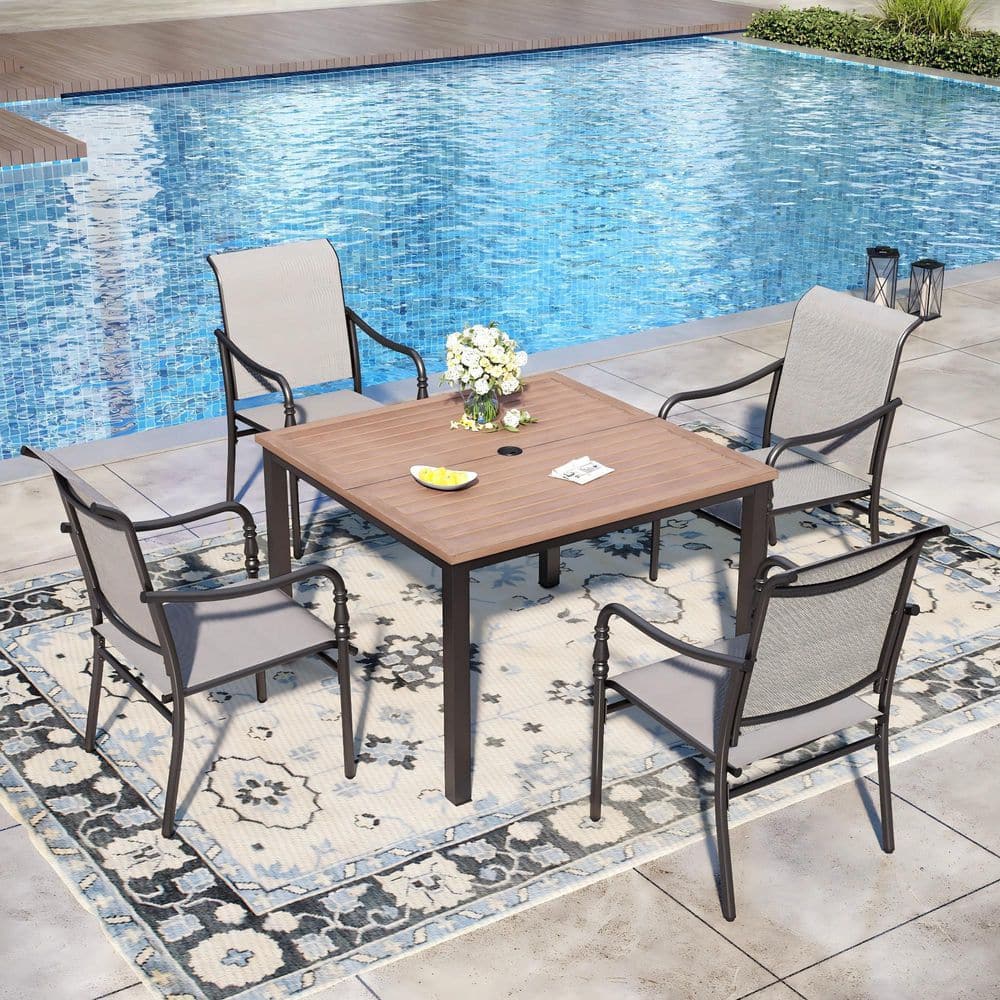 Black 5-Piece Metal Outdoor Patio Dining Set With Wood-Look Square Table and Gourd-Shaped Design Textilene Chairs price history on PriceWatchPro