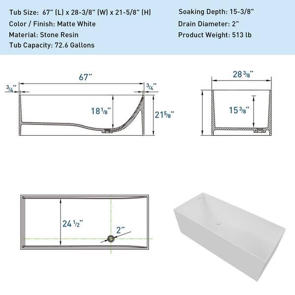 Moray 67 in. x 28 in. Stone Resin Flatbottom Freestanding Soaking Bathtub in Matte White Moray 67 in. x 28 in. Stone Resin Flatbottom Freestanding Soaking Bathtub in Matte White