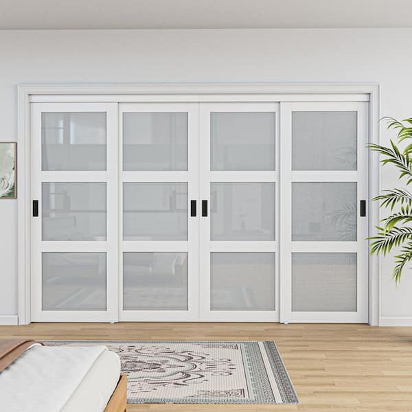 120 in. x 96 in. 3-Lite Frosted Glass White Finished MDF Interior Closet Sliding Door with Hardware and Black Handles