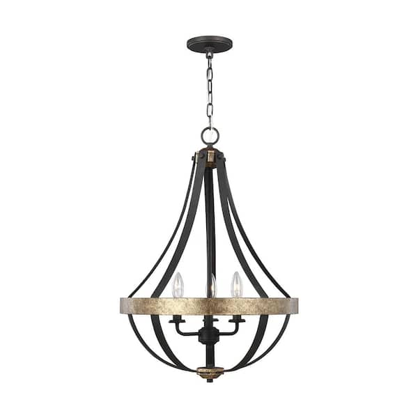 Generation Lighting Davlin 3-Light Smith Steel Textured Black Rustic Farmhouse Candlestick Empire Chandelier with Gilded Gold Accent Ring