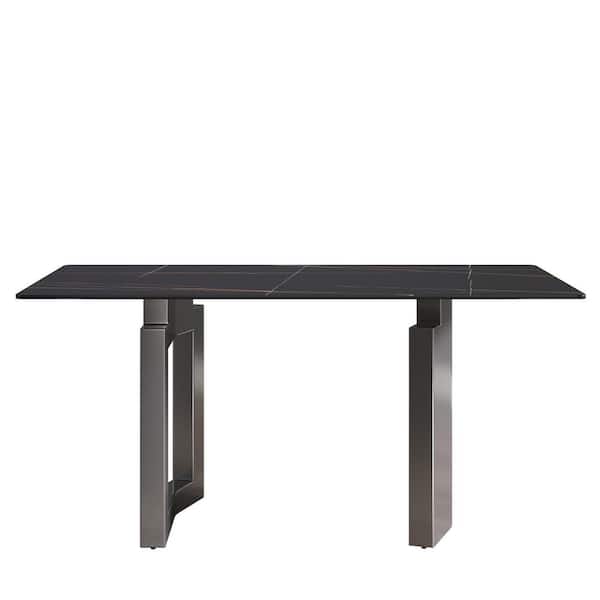 Magic Home 63 in. Sintered Stone Black Rectangle Top Double Pedestal 2-Grey Titanium Metal Base Dining Table (Seats-6)