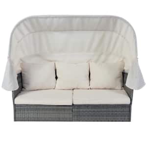 Gray Wicker Woven Rope Outdoor Day Bed with CushionGuard White Cushions