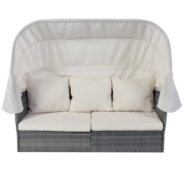 OLUMAT Gray Wicker Woven Rope Outdoor Day Bed with CushionGuard White Cushions