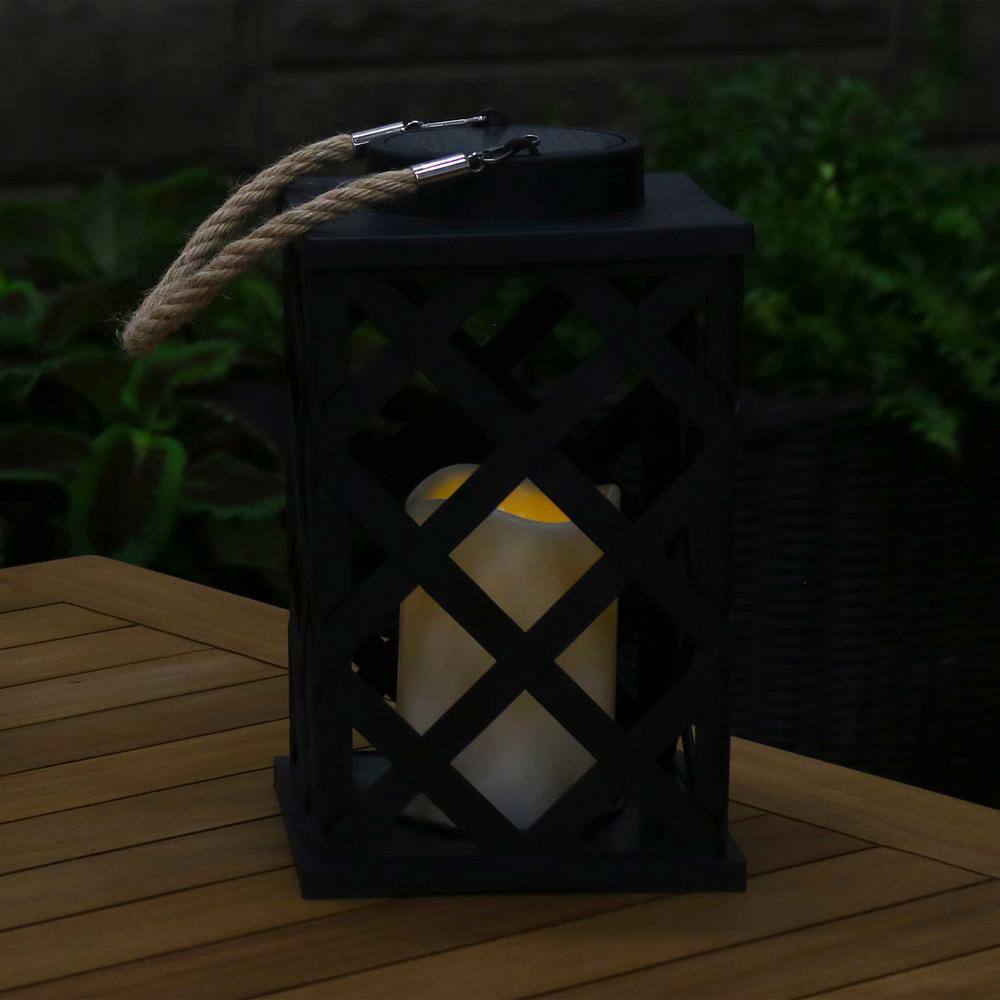 Black Crosshatch Solar LED Hanging Tabletop Candle Lantern