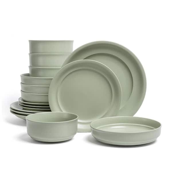 Rimmed 16-Piece Semi-Matte Sage Hand-Finished Stoneware Dinnerware Set, Service for 4