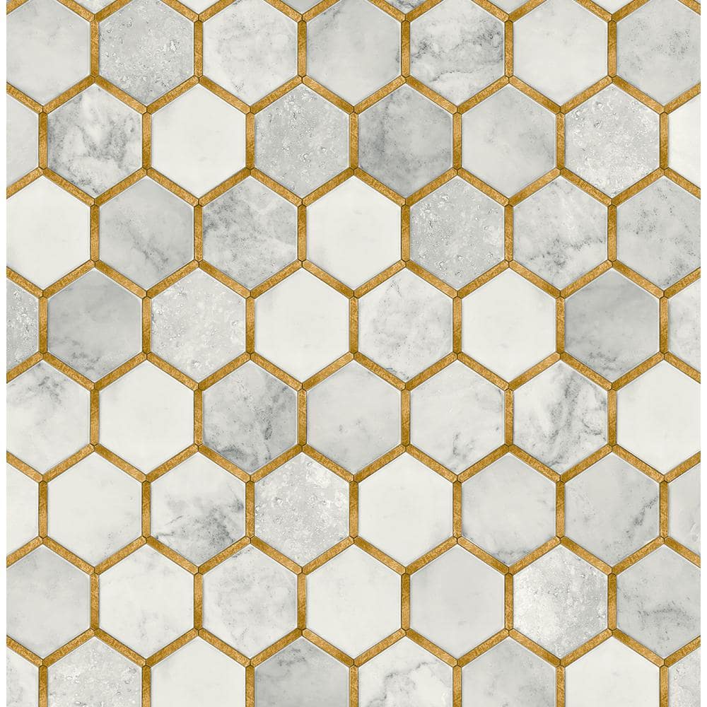 NextWall Faux Alaska Grey and Metallic Gold Inlay Hexagon Geometric   in. x 18 ft. Peel and Stick Wallpaper NW38605 - The Home Depot