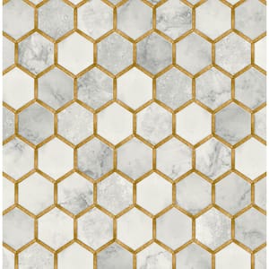 Faux Alaska Grey and Metallic Gold Inlay Hexagon Geometric 20.5 in. x 18 ft. Peel and Stick Wallpaper