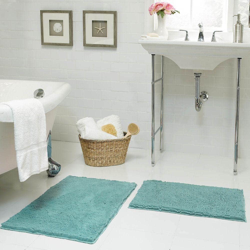 Aqua Chenille Plush Shag 2-Piece Bath Mat Set