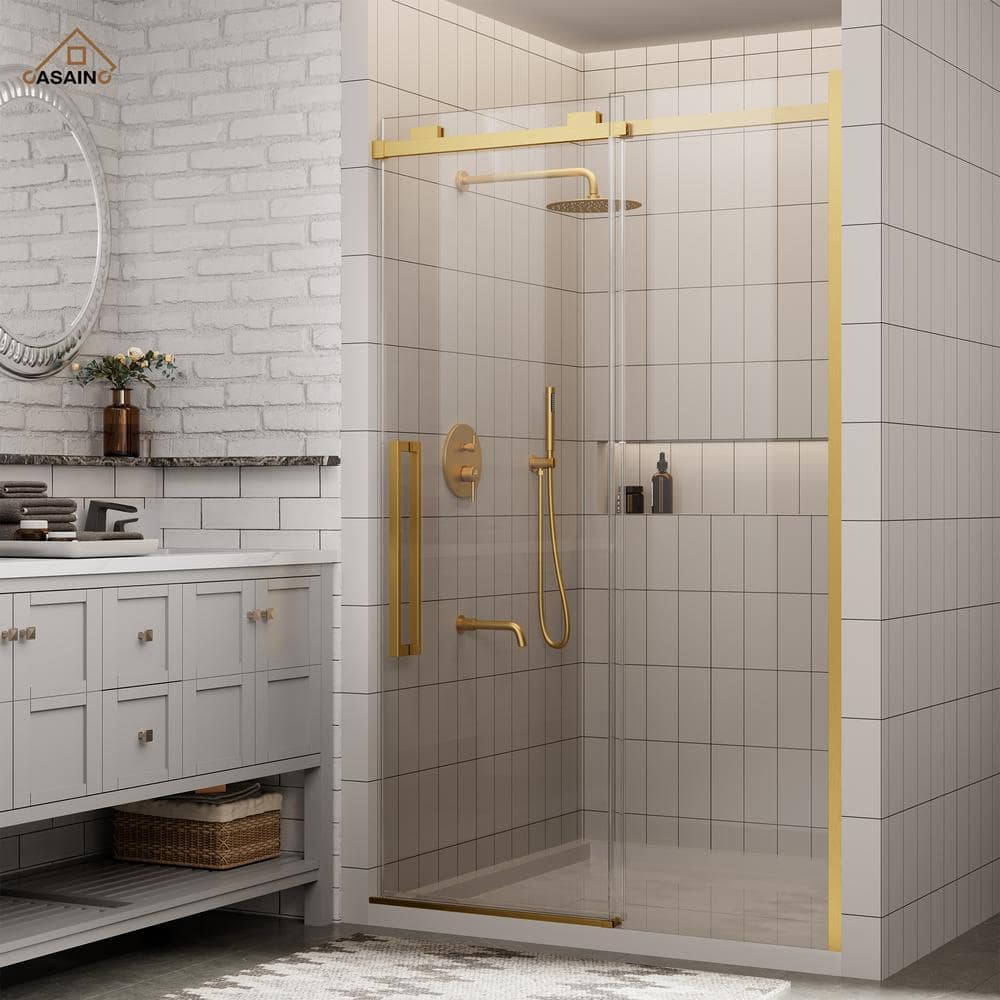 CASAINC 48 in. W x 76 in. H Sliding Frameless Shower Door in Brushed ...