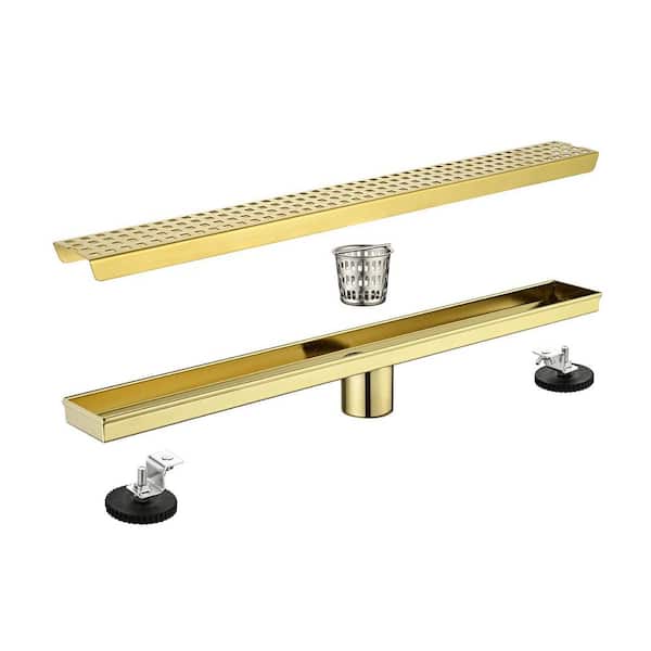 24 in. Stainless Steel Shower Drain with Square Pattern Drain Cover, Hair Strainer and Leveling Feet in Brushed Gold