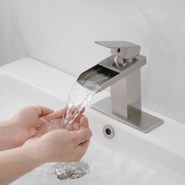 Waterfall Single Hole Single-Handle Low-Arc Bathroom Faucet With Supply Line in Brushed Nickel