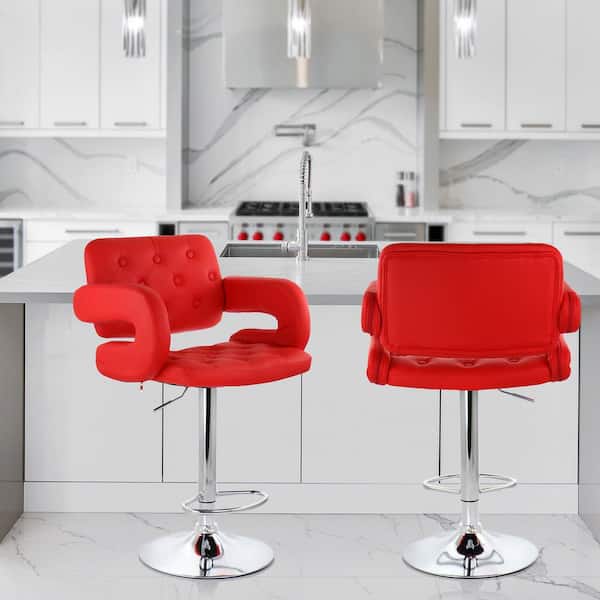 35 in. Red and Chrome High Back Faux Leather Tufted Bar Stool with Adjustable Height