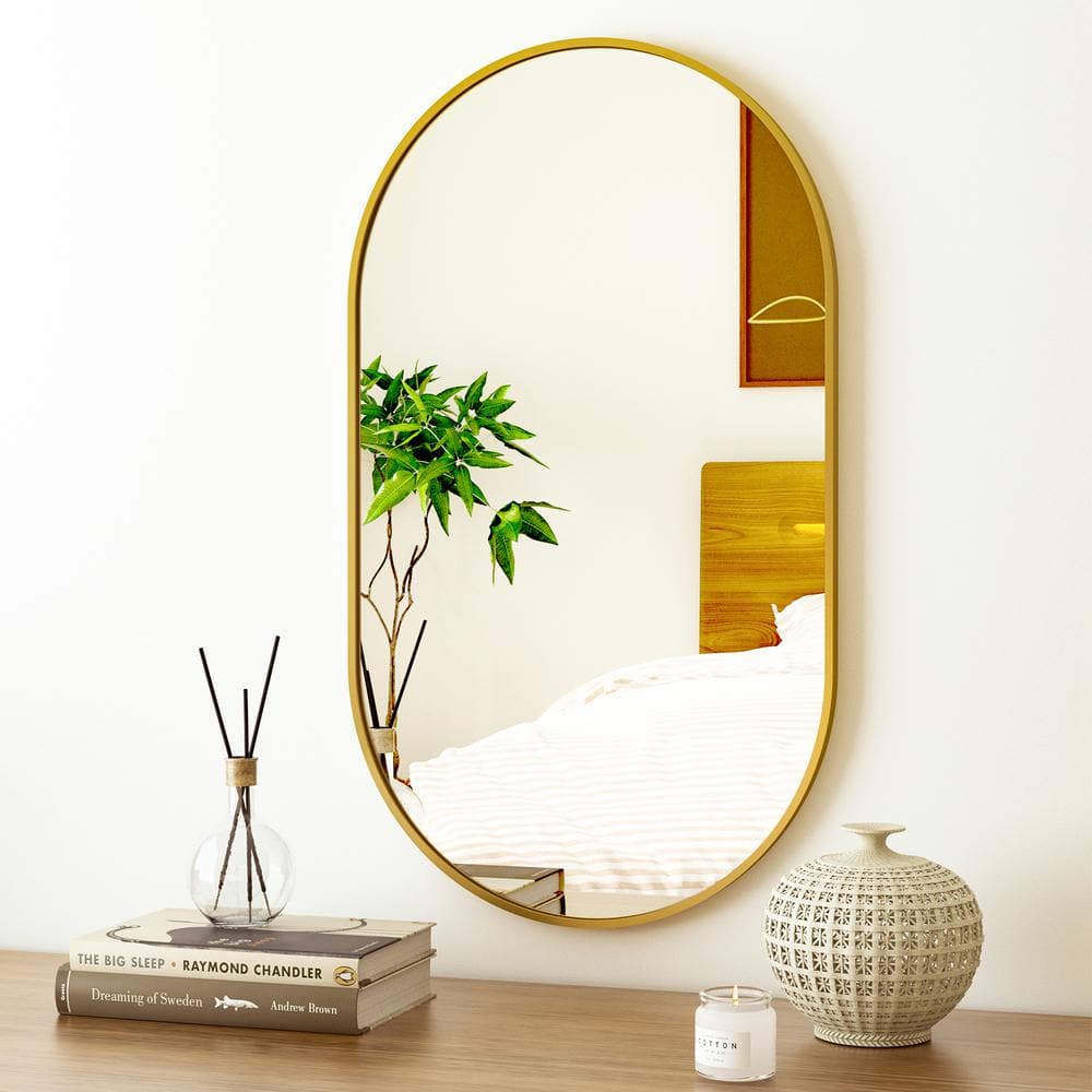 XRAMFY 22 in. W x 38 in. H Oval Gold Classic Aluminum Alloy Framed Wall Mirror -  BMOAPD2238-GD