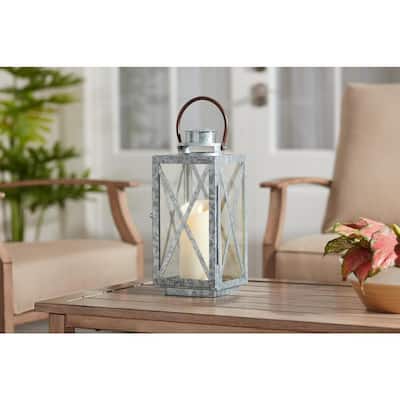 14 in. H Galvanized Metal And Glass Lantern