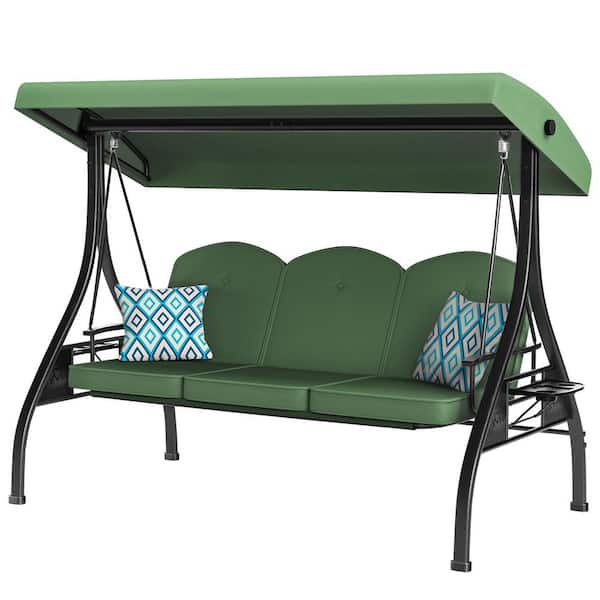 3-Seat Metal Patio Swing Outdoor with Stand Adjustable Backrest Green