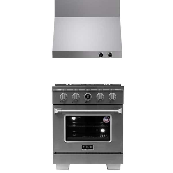 Kucht 30 in. 4.2 cu. ft. 4 Burners Dual Fuel Range for Natural Gas in Stainless Steel + Wall Mount Range Hood