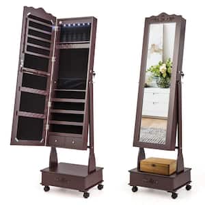 Brown Rolling Floor Standing Mirrored Jewelry Armoire with Lock and Drawers
