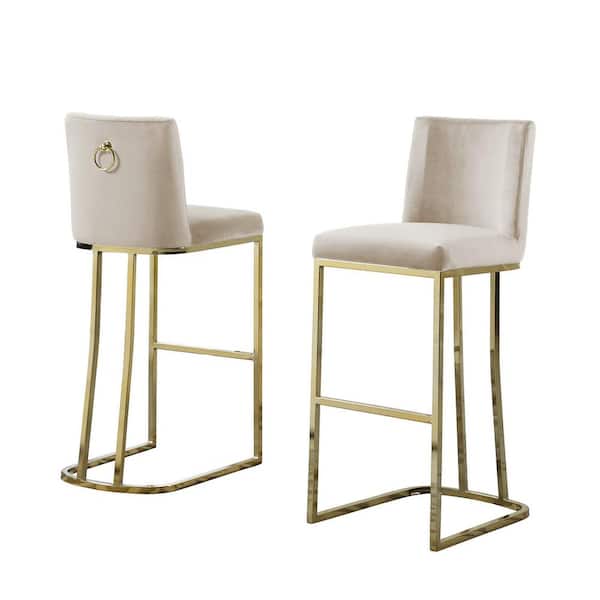 Best Quality Furniture Erin 29 in. H Cream Velvet Low Back Bar Stool Chair with Gold Chrome Base and Back Ring (Set of 2)