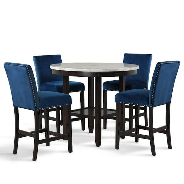 New Classic Furniture Celeste 5-Piece Wood Top Round Counter Set, Blue & Espresso