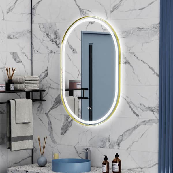 WELLFOR HELIO 24 in. W x 36 in. H Oval Framed LED Dimmable Anti-Fog Wall Bathroom Vanity Mirror in Brushed Gold